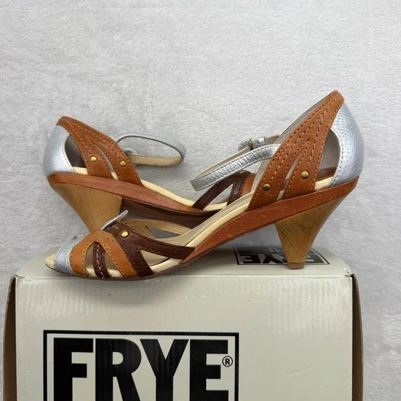 FRYE Agnes Woven Leather Silver Brown Peep Toe Heel Sandals Sz 6.5M MSRP $198 - Picture 7 of 10
